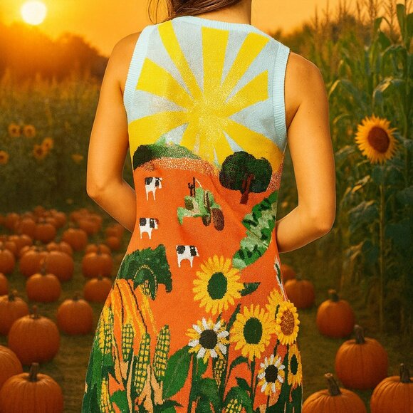 NWT Queen Of Sparkles Multi Farm with Knit Sunflowers Tank Dress - Picture 3 of 6